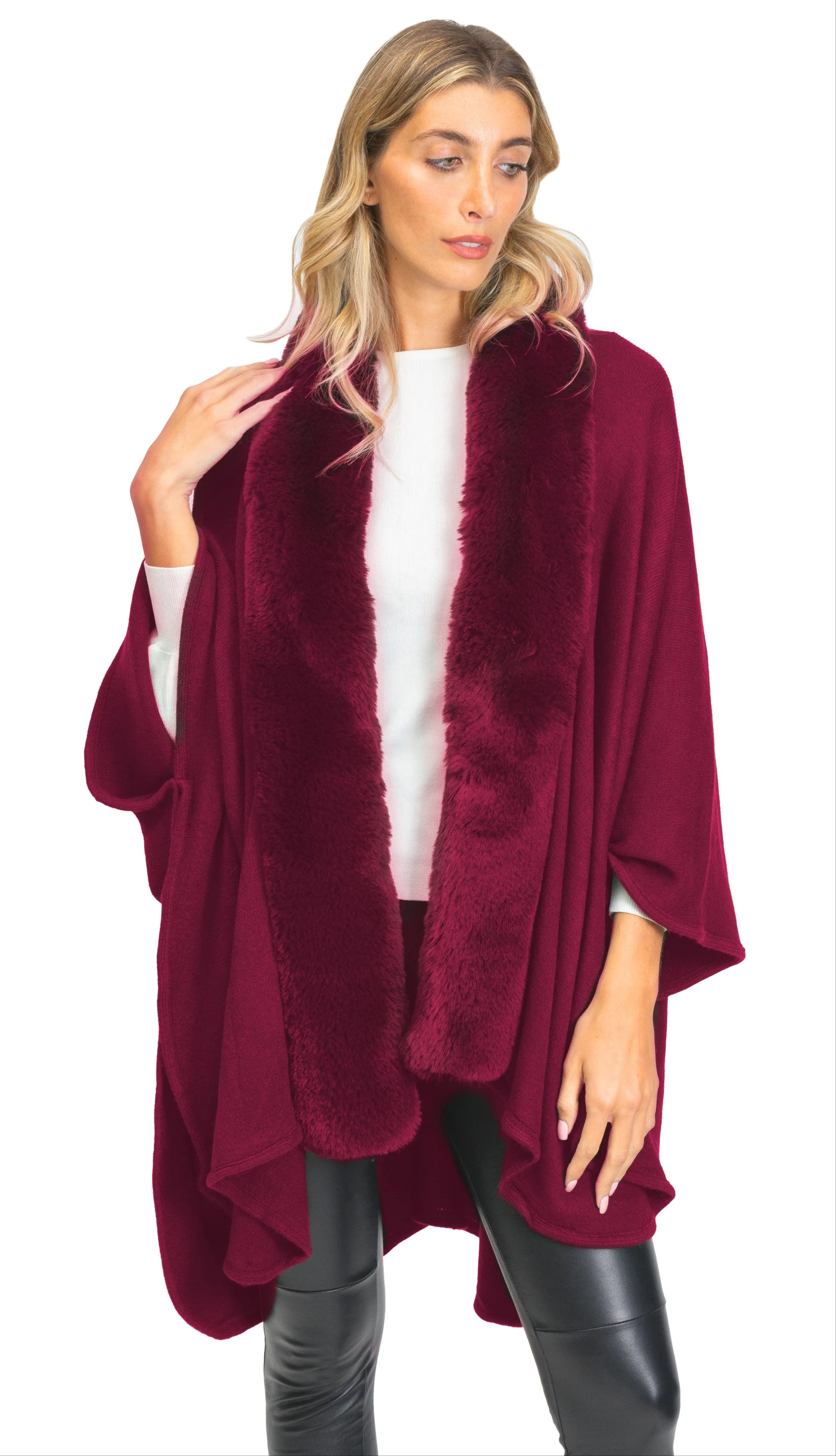 Adrienne Vittadini Knit Ruana With Faux Mink Collar Trim (AVK400S-BG/BG)