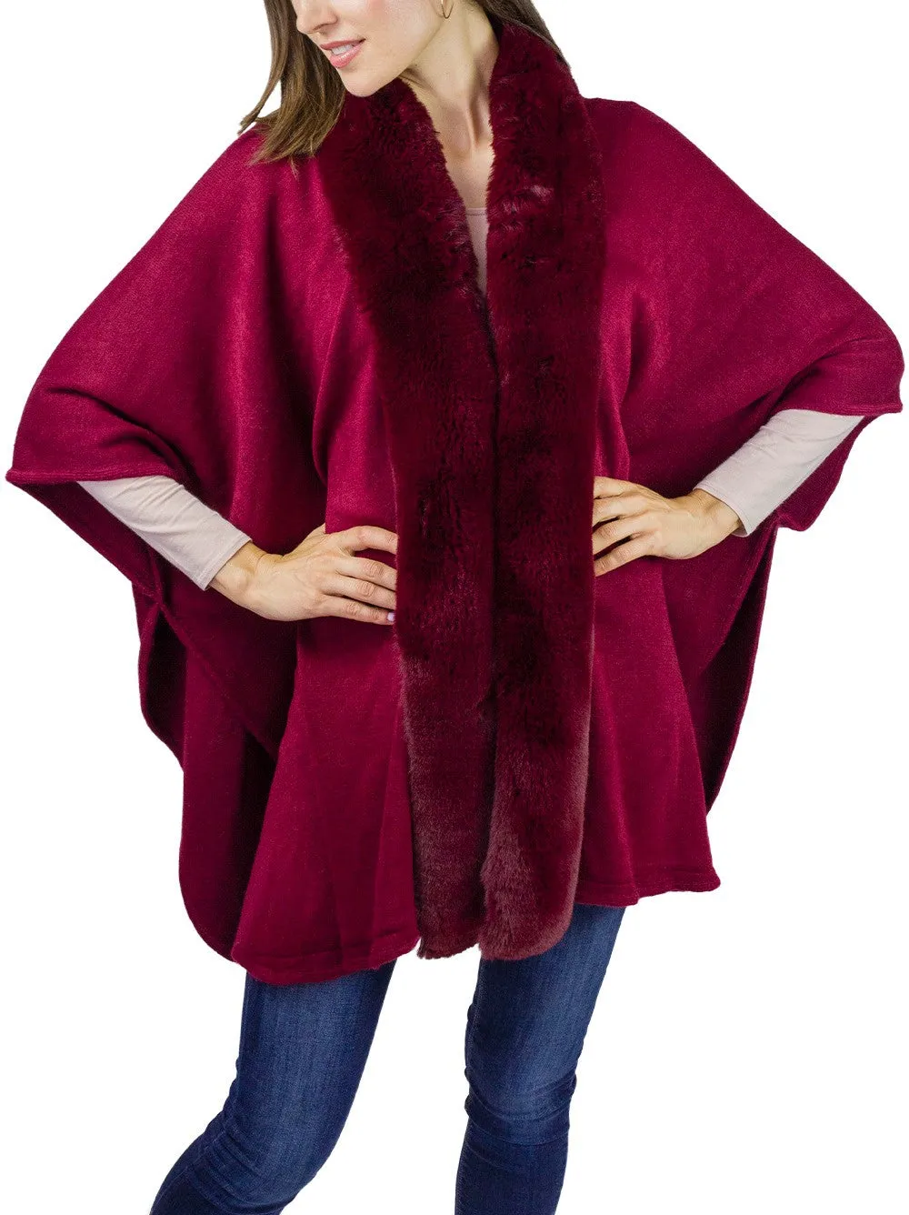 Adrienne Vittadini Knit Ruana With Faux Mink Collar Trim (AVK400S-BG/BG)