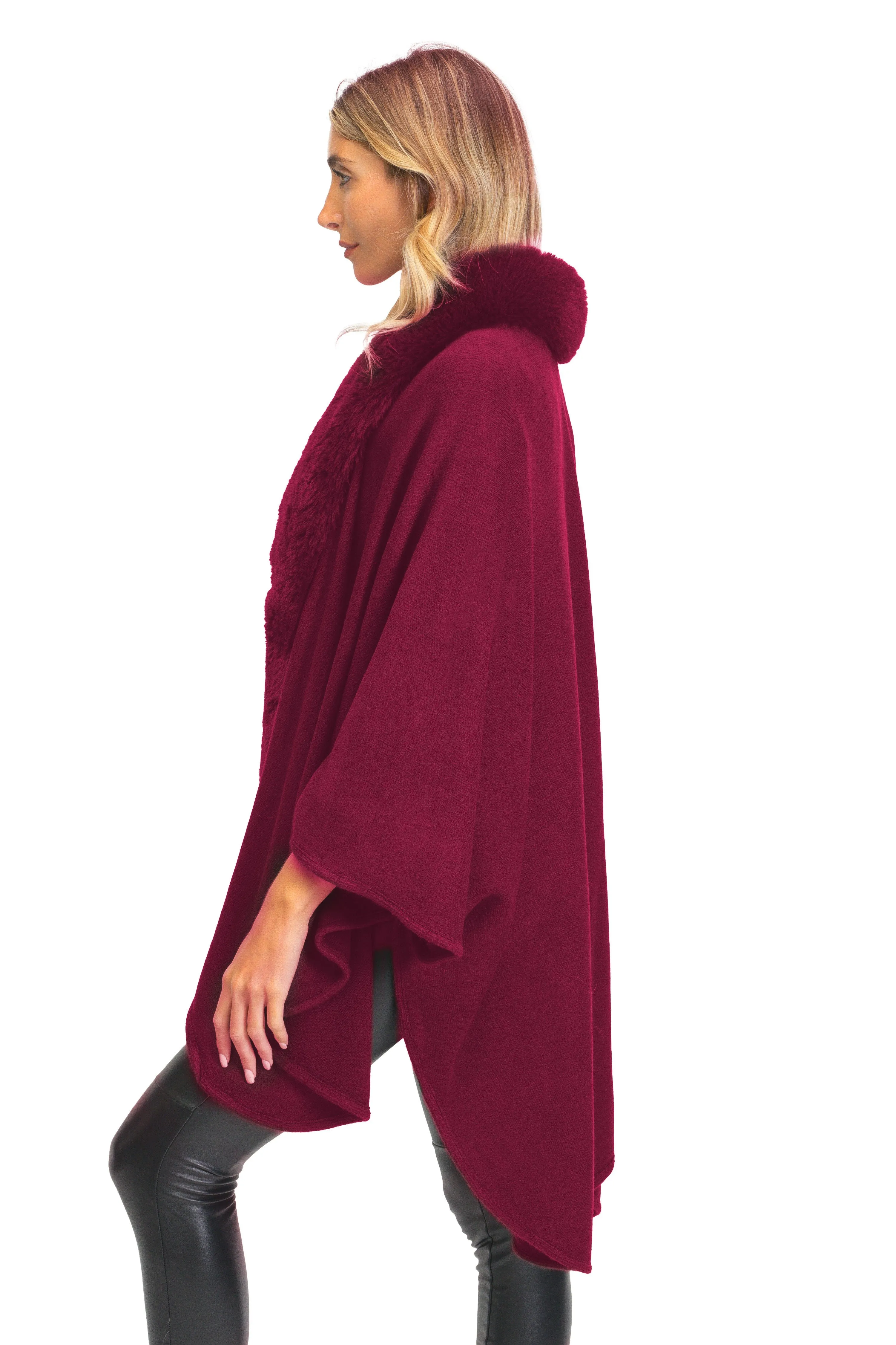 Adrienne Vittadini Knit Ruana With Faux Mink Collar Trim (AVK400S-BG/BG)