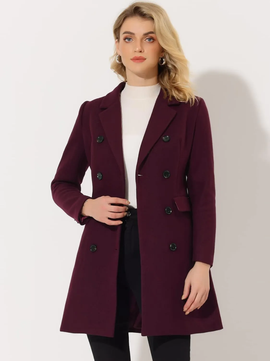 Allegra K Women's Winter Coat Elegant Notched Lapel Double Breasted Trench Coat