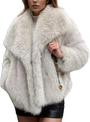 Arssm Womens Fluffy Coat Faux Fur Cardigan Jacket Long Sleeve Lapel Faux Fur Coat Outwear Warm Winter