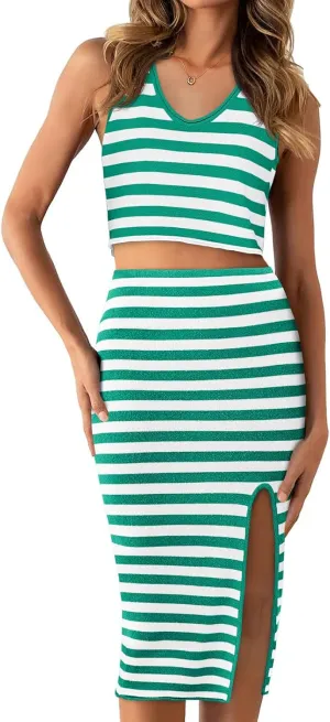 Cicy Bell Womens Summer Striped Two Piece Skirt Set Sleeveless Cropped Tank Top and Slit Midi Skirts Knit Sweater Sets