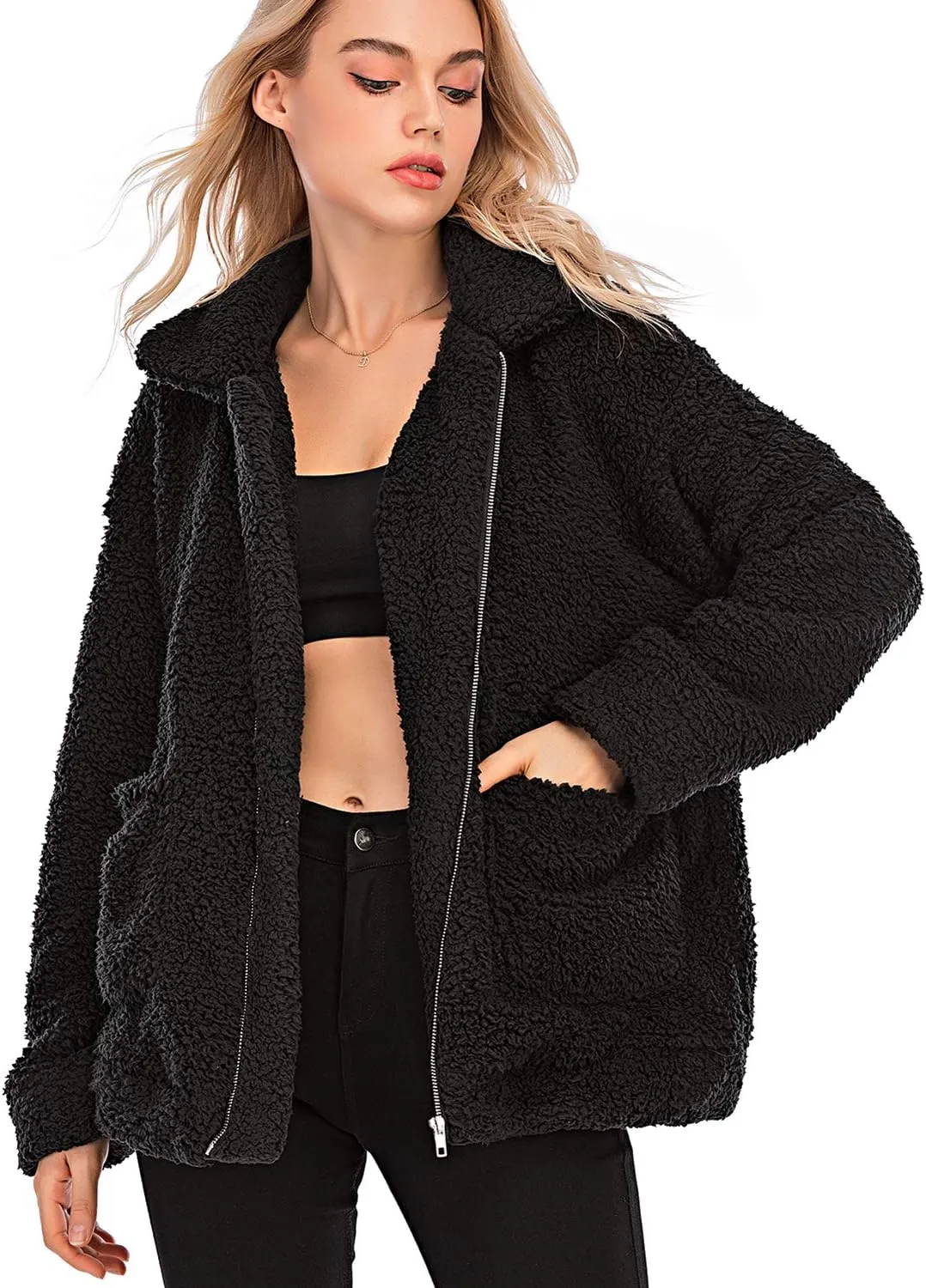 Comeon Women's Coat Casual Lapel Fleece Fuzzy Faux Shearling Zipper Coats Warm Winter Oversized Outwear Jackets