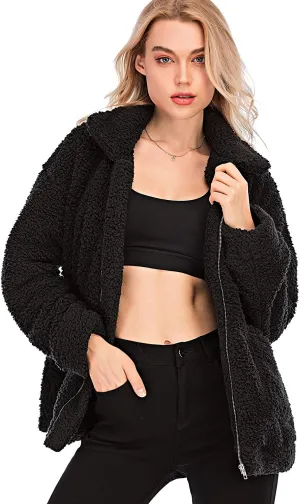 Comeon Women's Coat Casual Lapel Fleece Fuzzy Faux Shearling Zipper Coats Warm Winter Oversized Outwear Jackets