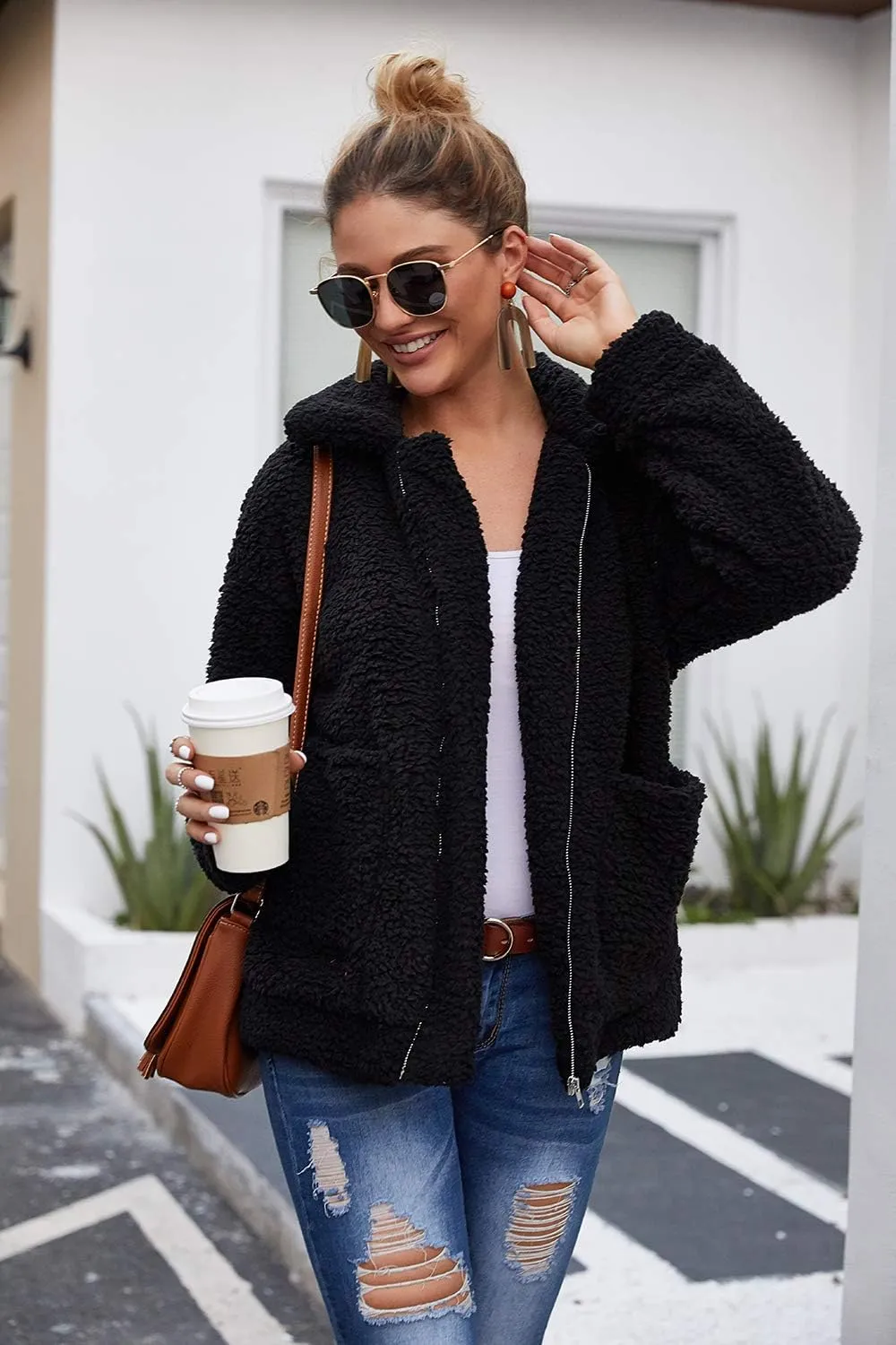Comeon Women's Coat Casual Lapel Fleece Fuzzy Faux Shearling Zipper Coats Warm Winter Oversized Outwear Jackets