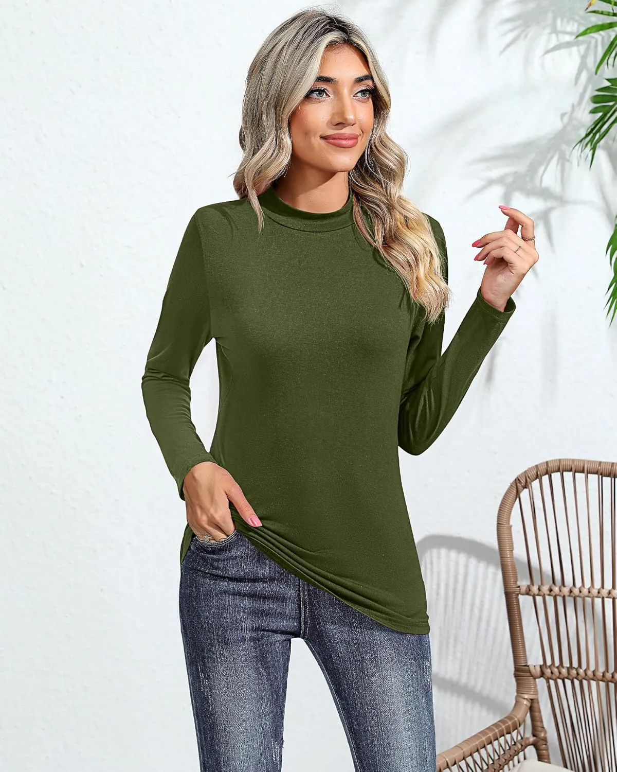 Ficerd 3 Pack Women's Mock Turtleneck Shirts, Long Sleeve Mock Neck Pullover Tops Slim Fitted Stretch Undershirt Tee Blouse