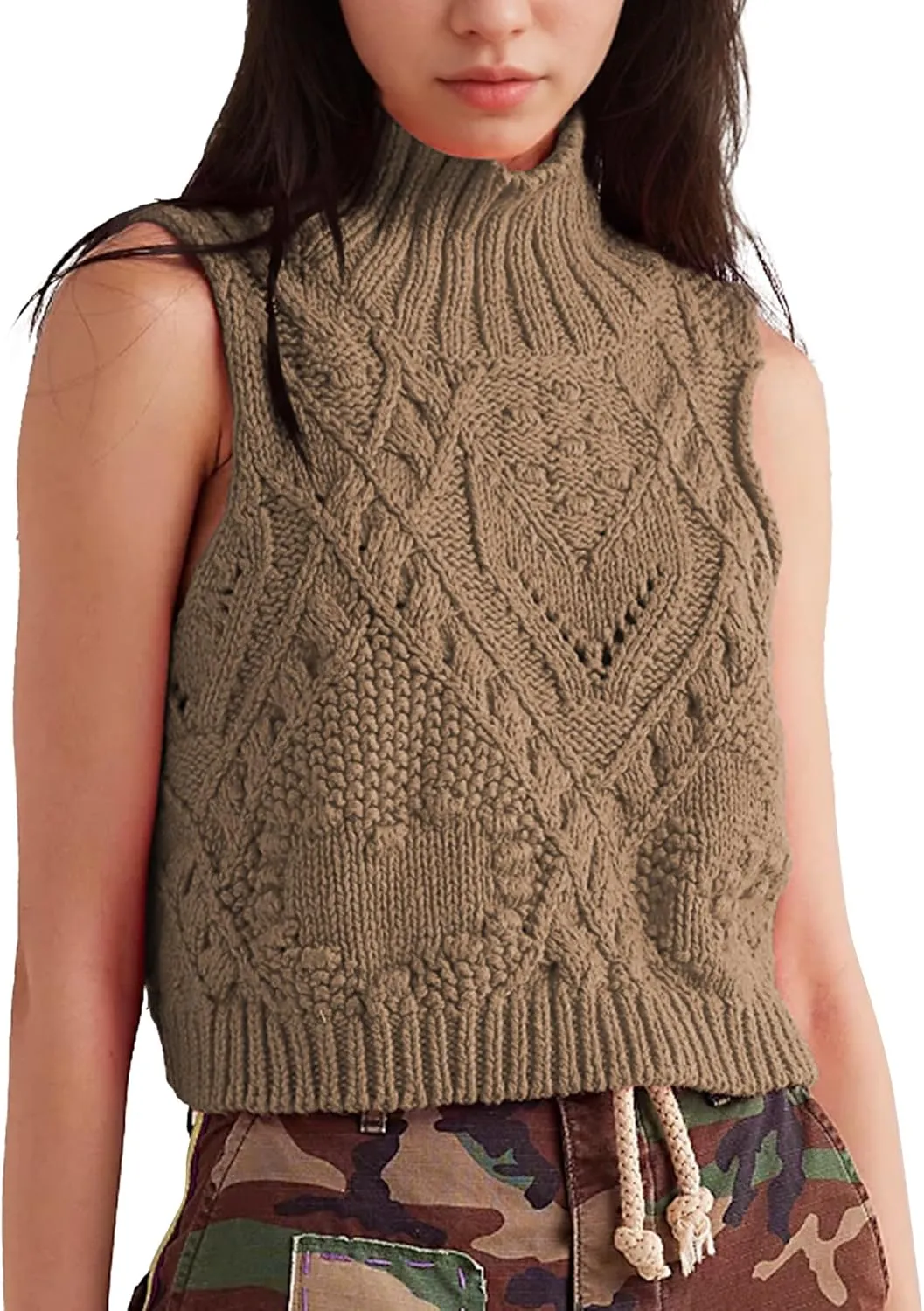 Hixiaohe Turtleneck Crochet Sweater Vest Fall Fashion Knit Sleeveless Tank Tops for Women Lightweight Casual Pullover Clothes