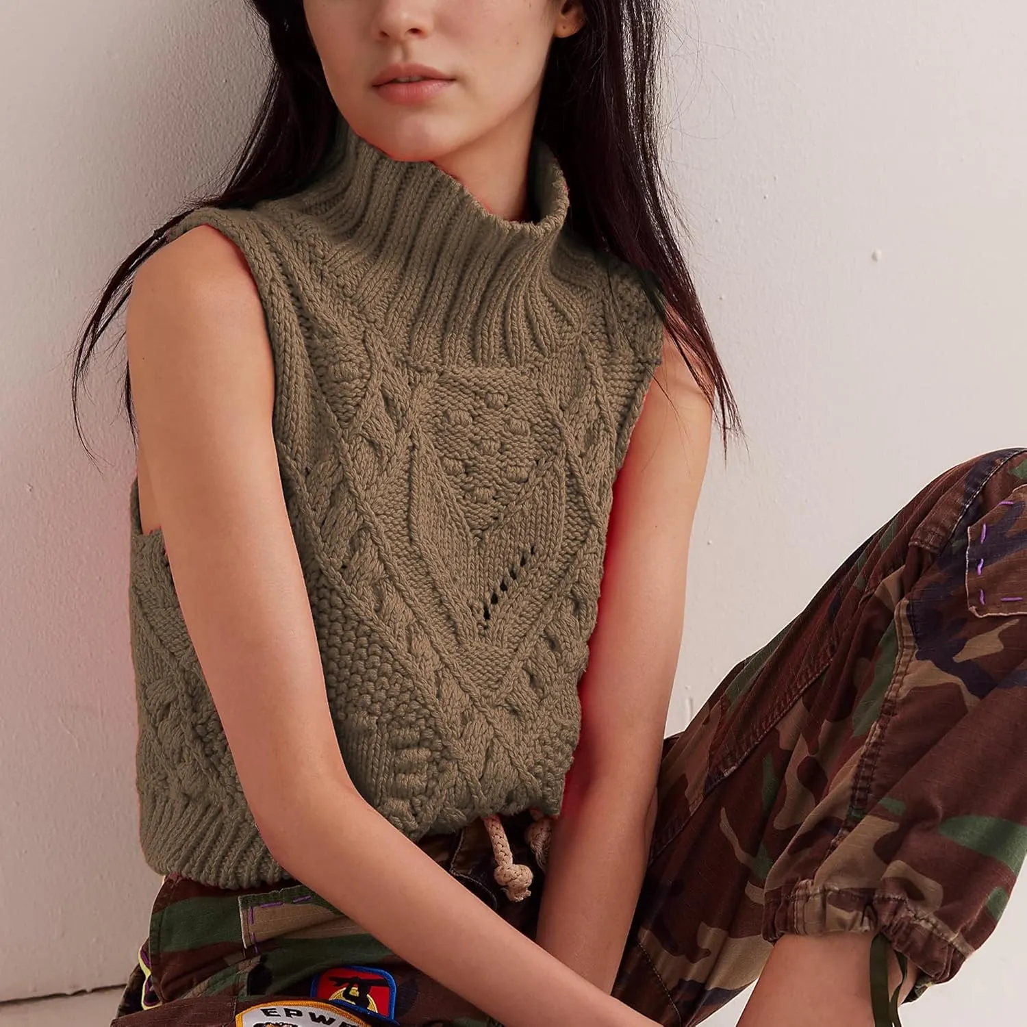 Hixiaohe Turtleneck Crochet Sweater Vest Fall Fashion Knit Sleeveless Tank Tops for Women Lightweight Casual Pullover Clothes