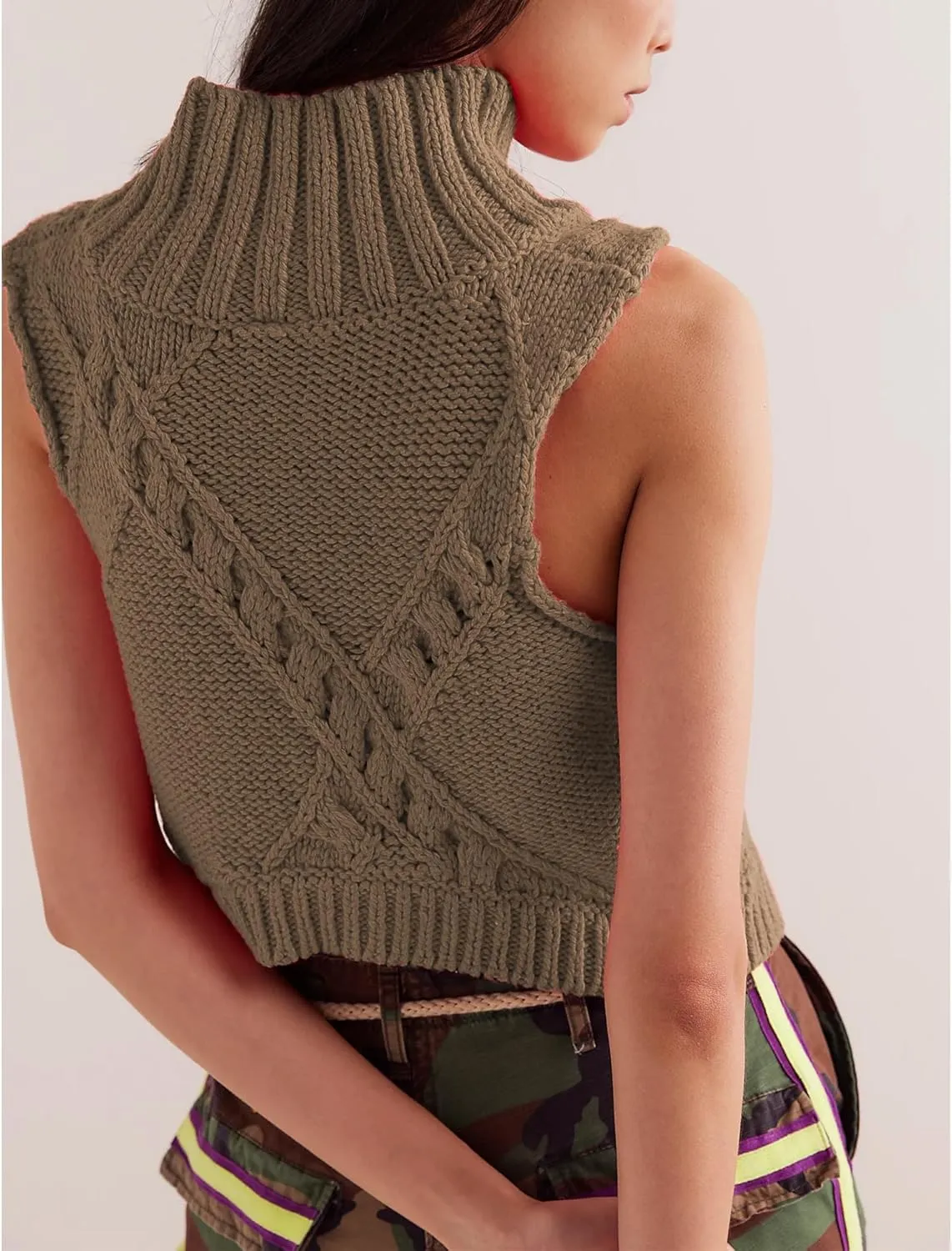 Hixiaohe Turtleneck Crochet Sweater Vest Fall Fashion Knit Sleeveless Tank Tops for Women Lightweight Casual Pullover Clothes