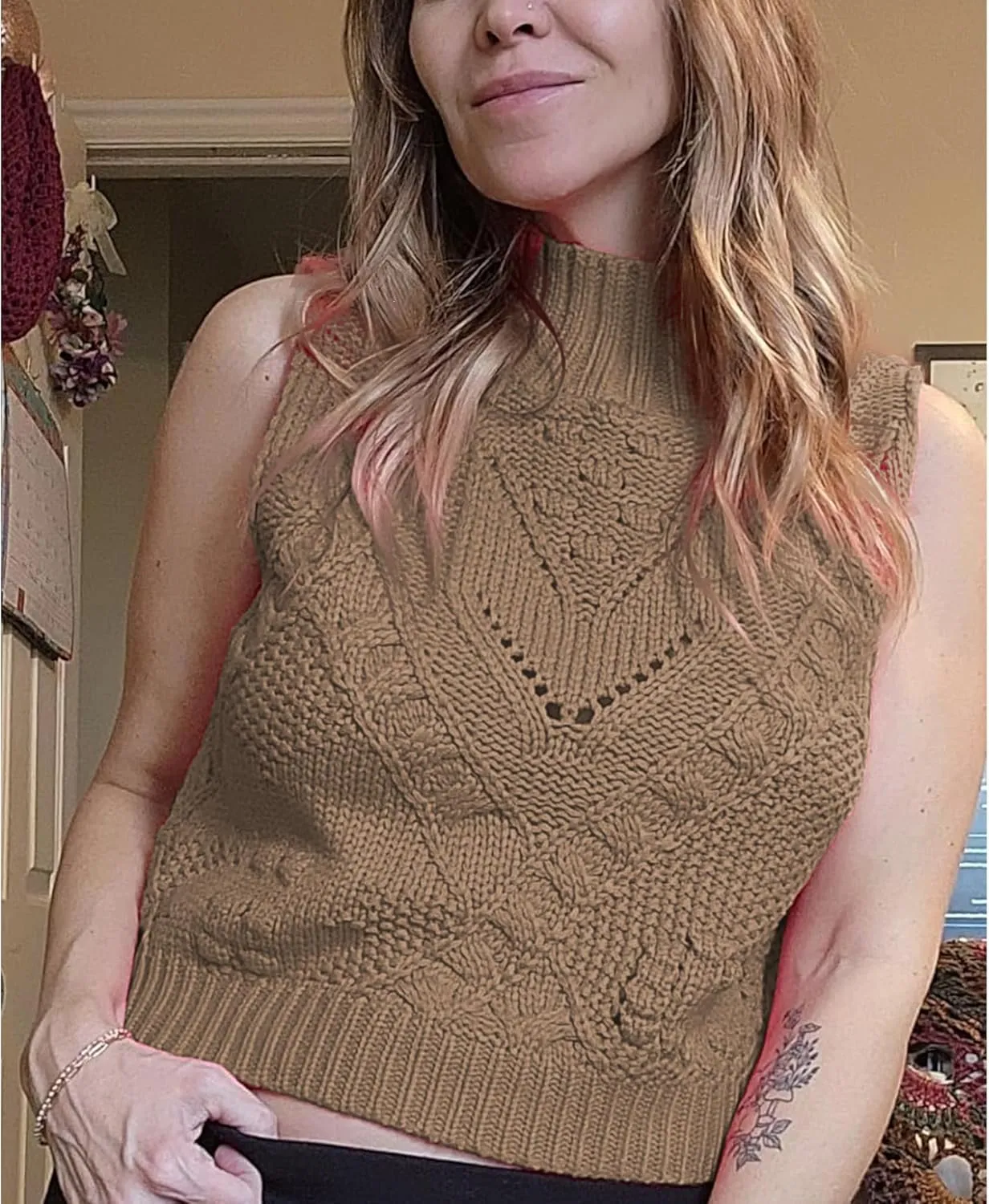 Hixiaohe Turtleneck Crochet Sweater Vest Fall Fashion Knit Sleeveless Tank Tops for Women Lightweight Casual Pullover Clothes