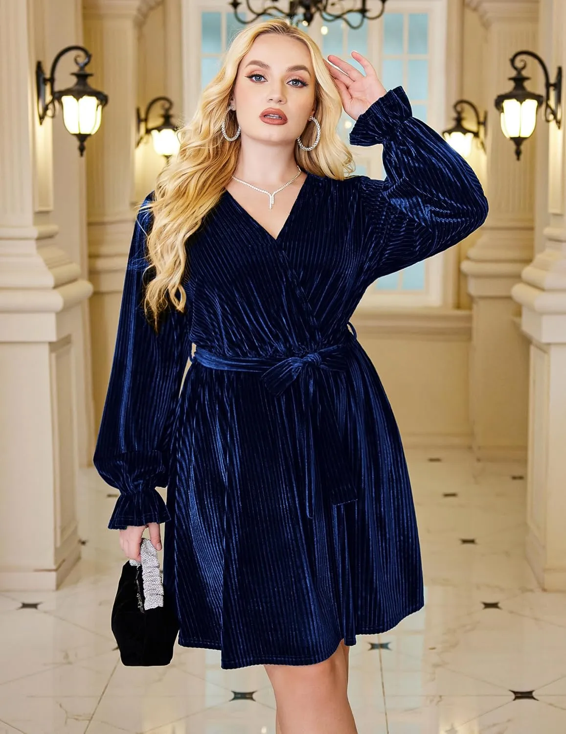 IN'VOLAND Women's Plus Size Velvet Dress Wrap Sexy V Neck Flared Cocktail Party Dresses Long Sleeve Semi Formal Mini Dress