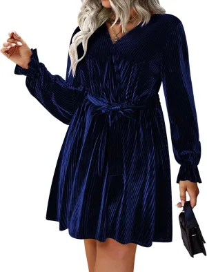 IN'VOLAND Women's Plus Size Velvet Dress Wrap Sexy V Neck Flared Cocktail Party Dresses Long Sleeve Semi Formal Mini Dress