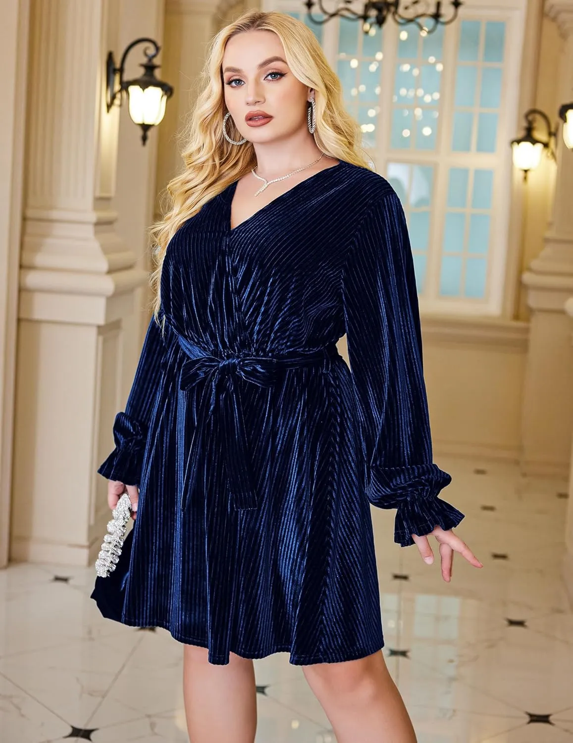 IN'VOLAND Women's Plus Size Velvet Dress Wrap Sexy V Neck Flared Cocktail Party Dresses Long Sleeve Semi Formal Mini Dress