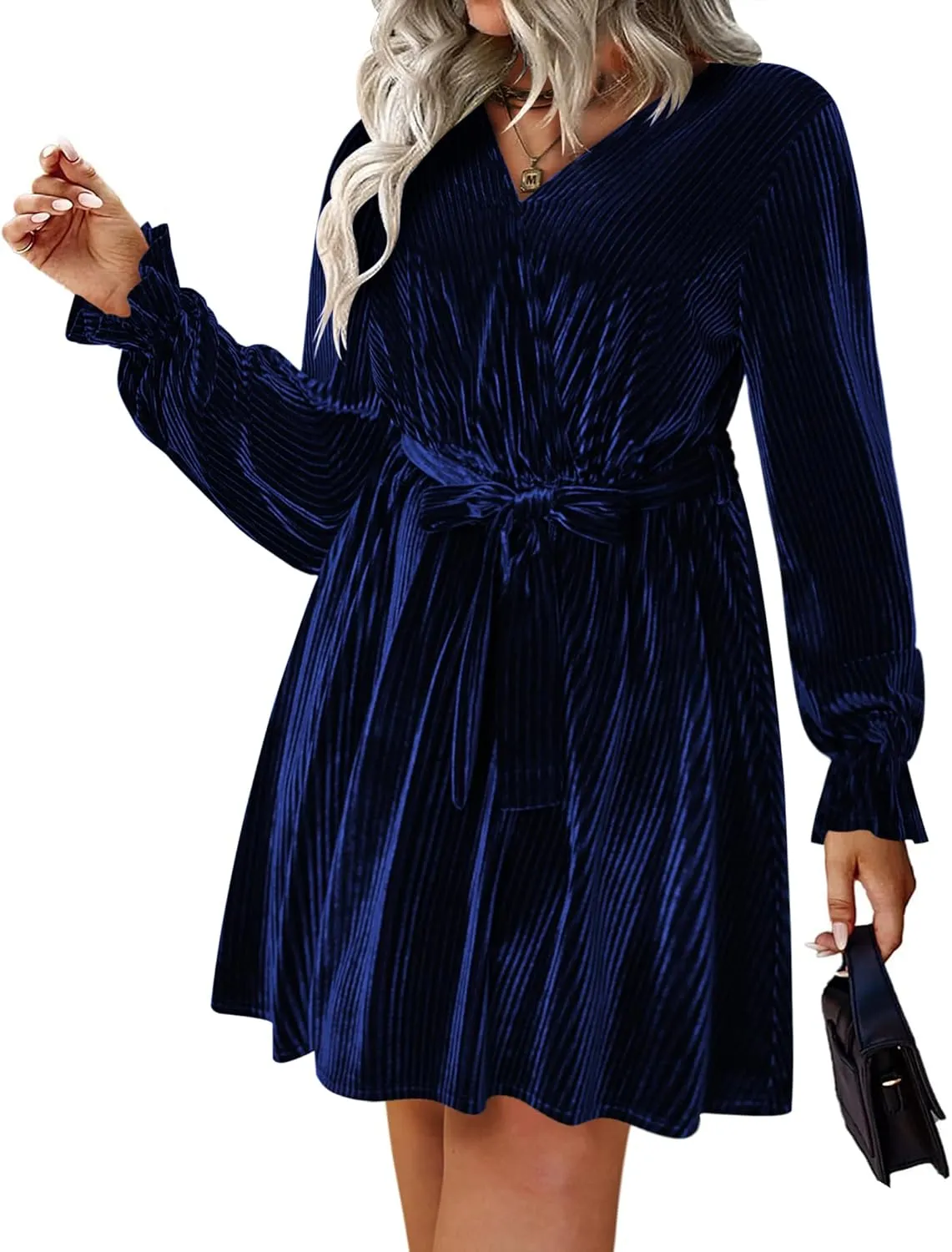 IN'VOLAND Women's Plus Size Velvet Dress Wrap Sexy V Neck Flared Cocktail Party Dresses Long Sleeve Semi Formal Mini Dress
