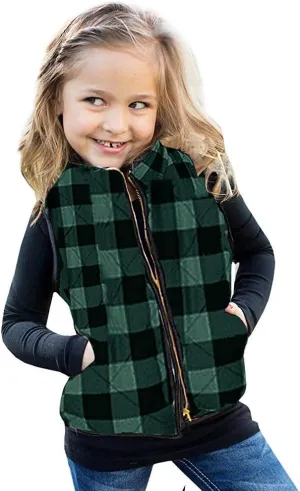 Ivay Girls Buffalo Cotton Plaid Quilted Vest Cute Puff Lined Gilet