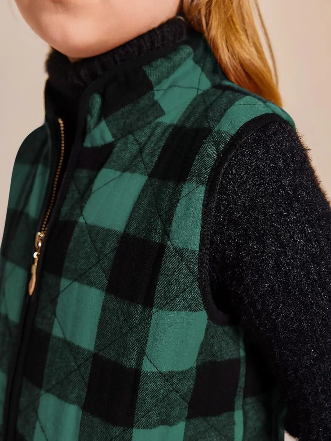 Ivay Girls Buffalo Cotton Plaid Quilted Vest Cute Puff Lined Gilet