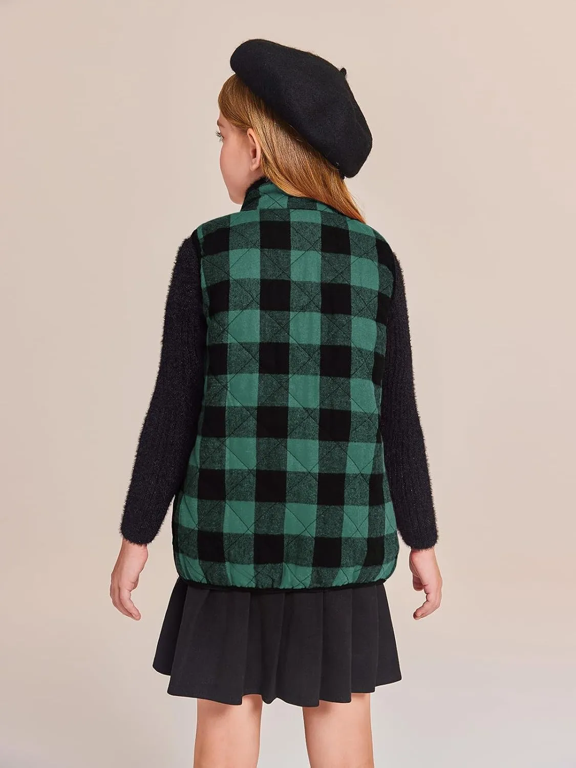 Ivay Girls Buffalo Cotton Plaid Quilted Vest Cute Puff Lined Gilet