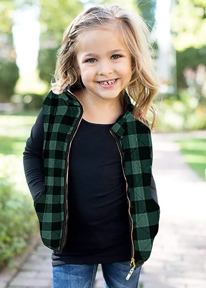 Ivay Girls Buffalo Cotton Plaid Quilted Vest Cute Puff Lined Gilet