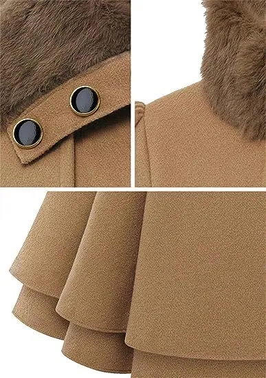 KELYWELL Womens Lapel Faux Fur Collar Jacket Double Breasted Wool Blend Trench Coat Long Trench Swing Coat with Belt