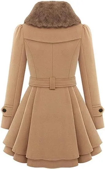 KELYWELL Womens Lapel Faux Fur Collar Jacket Double Breasted Wool Blend Trench Coat Long Trench Swing Coat with Belt