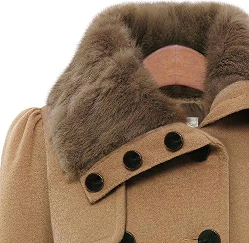 KELYWELL Womens Lapel Faux Fur Collar Jacket Double Breasted Wool Blend Trench Coat Long Trench Swing Coat with Belt
