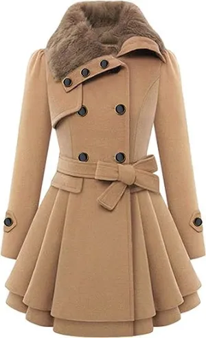 KELYWELL Womens Lapel Faux Fur Collar Jacket Double Breasted Wool Blend Trench Coat Long Trench Swing Coat with Belt