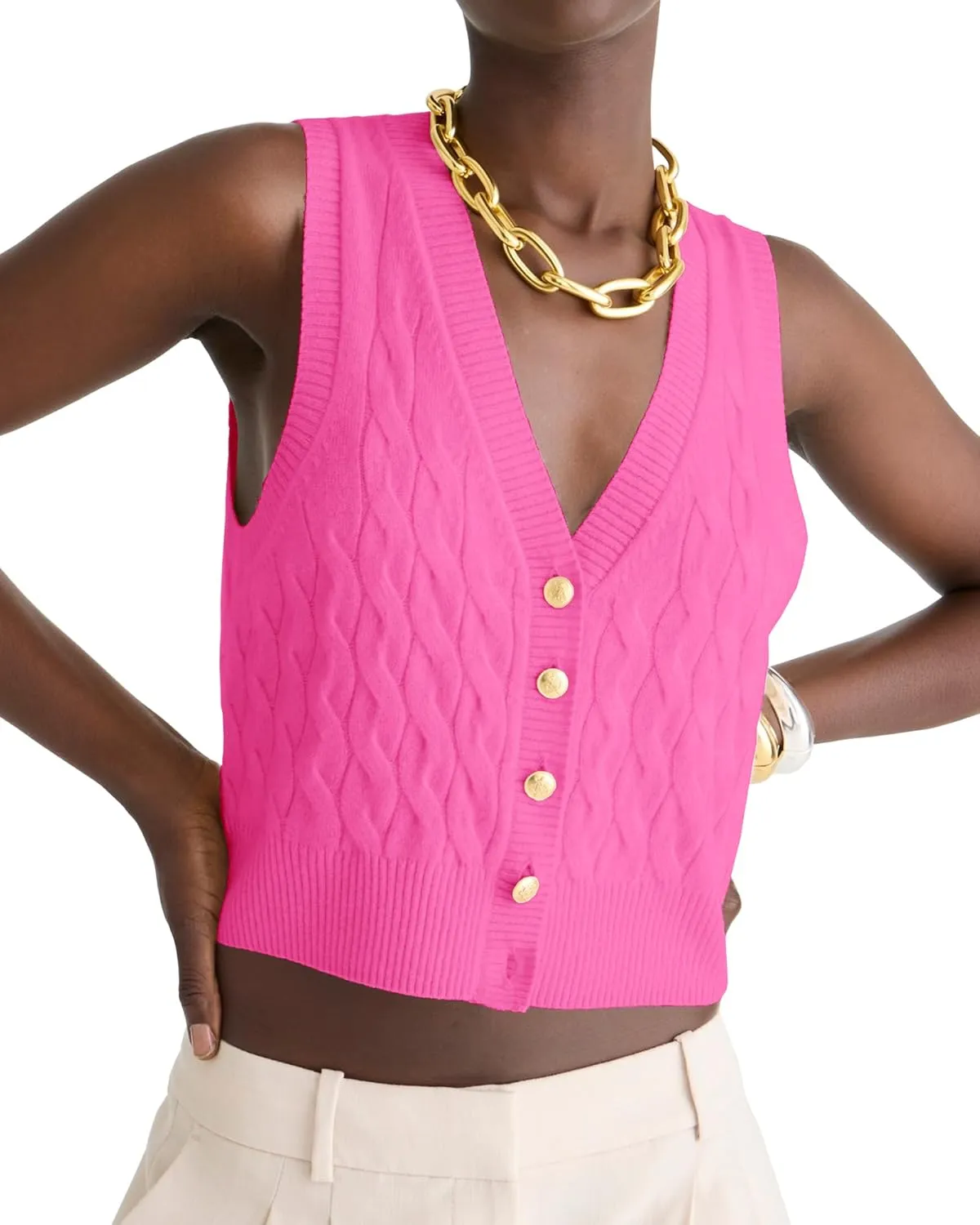 Locachy Women's V Neck Sleeveless Cable Knit Sweater Vest Soft 2025 Summer Button Front Cardigan Tank Tops