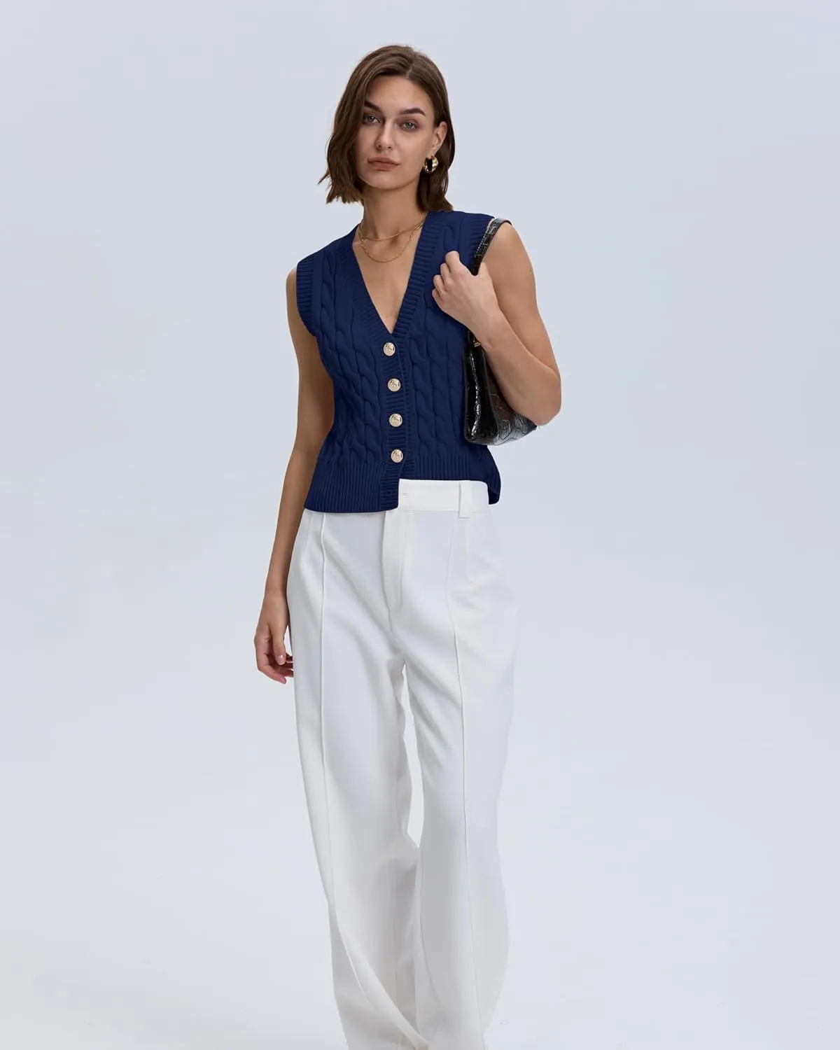 Locachy Women's V Neck Sleeveless Cable Knit Sweater Vest Soft 2025 Summer Button Front Cardigan Tank Tops