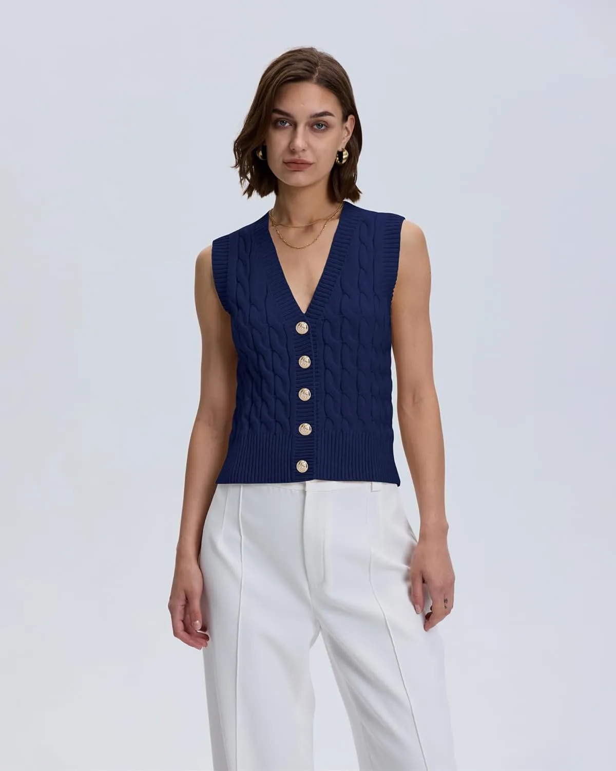 Locachy Women's V Neck Sleeveless Cable Knit Sweater Vest Soft 2025 Summer Button Front Cardigan Tank Tops
