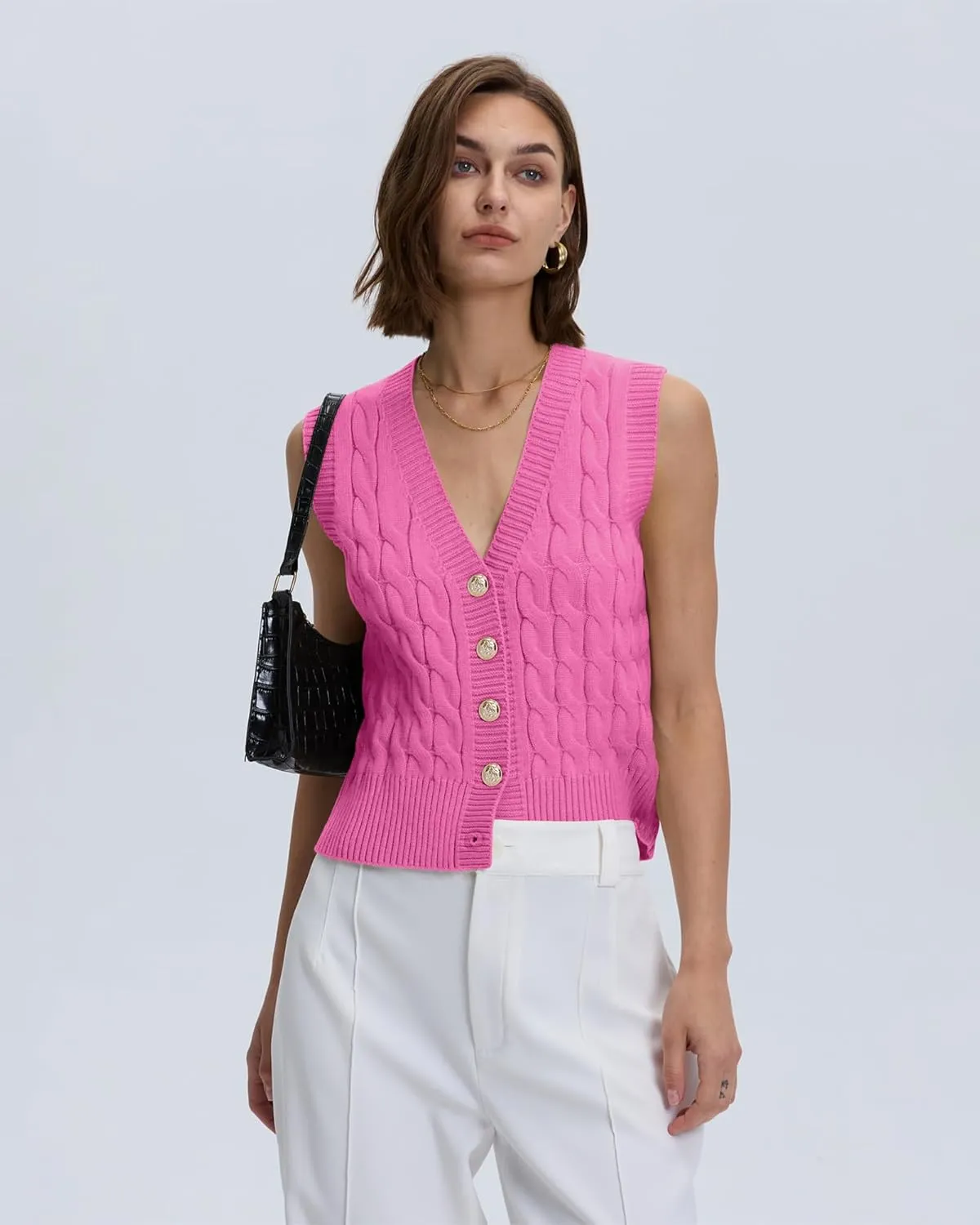 Locachy Women's V Neck Sleeveless Cable Knit Sweater Vest Soft 2025 Summer Button Front Cardigan Tank Tops
