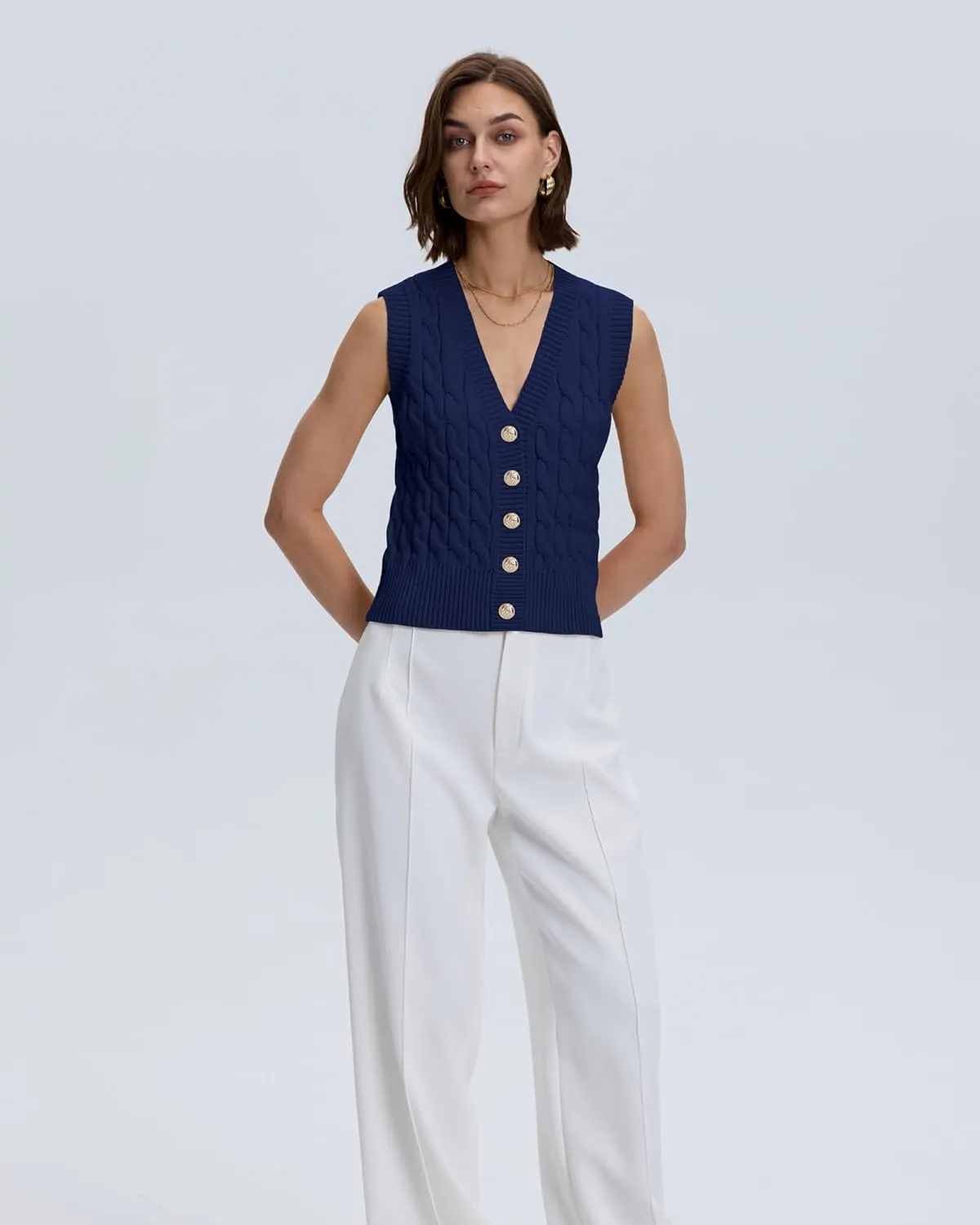 Locachy Women's V Neck Sleeveless Cable Knit Sweater Vest Soft 2025 Summer Button Front Cardigan Tank Tops