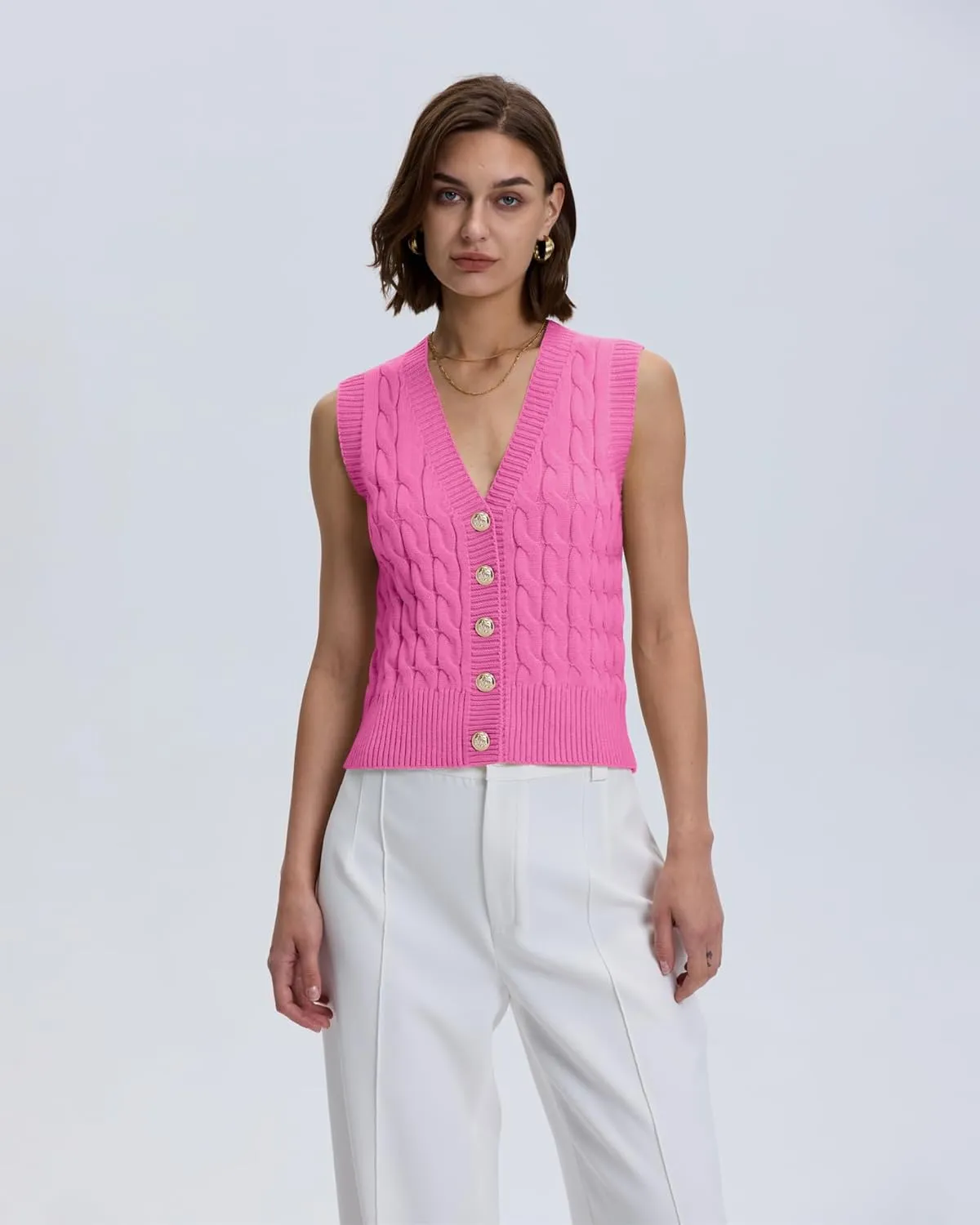 Locachy Women's V Neck Sleeveless Cable Knit Sweater Vest Soft 2025 Summer Button Front Cardigan Tank Tops