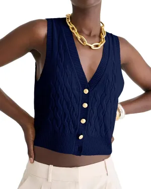 Locachy Women's V Neck Sleeveless Cable Knit Sweater Vest Soft 2025 Summer Button Front Cardigan Tank Tops