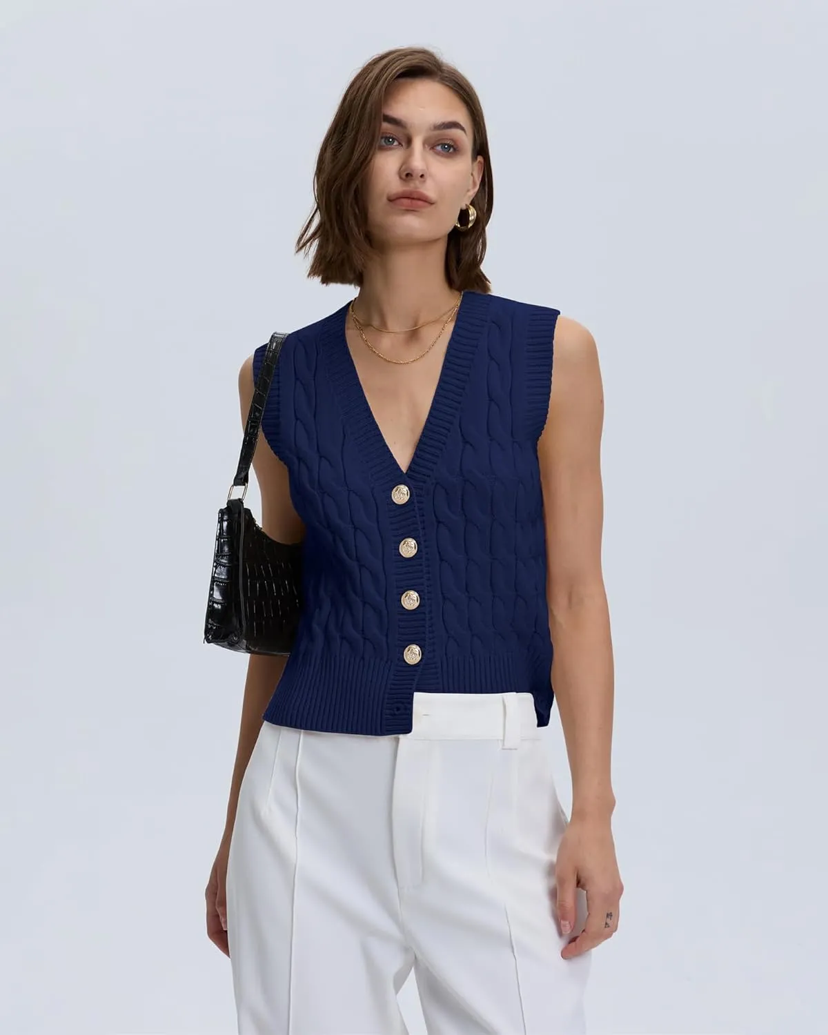Locachy Women's V Neck Sleeveless Cable Knit Sweater Vest Soft 2025 Summer Button Front Cardigan Tank Tops