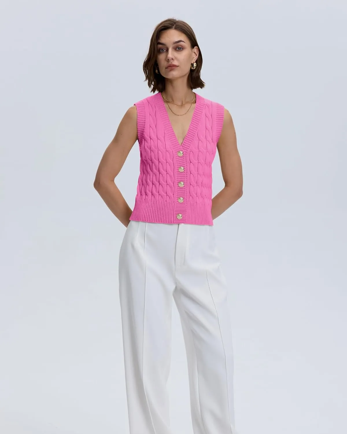 Locachy Women's V Neck Sleeveless Cable Knit Sweater Vest Soft 2025 Summer Button Front Cardigan Tank Tops