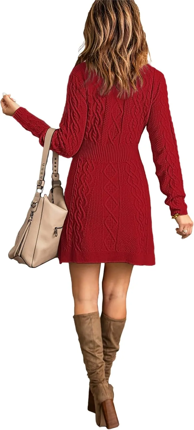luvamia Sweater Dress for Women Cable Knit Ribbed A-Line Short Fitted Pullover Sweaters Dresses Fall Winter