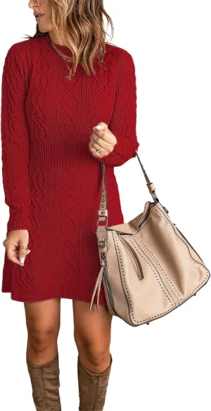 luvamia Sweater Dress for Women Cable Knit Ribbed A-Line Short Fitted Pullover Sweaters Dresses Fall Winter