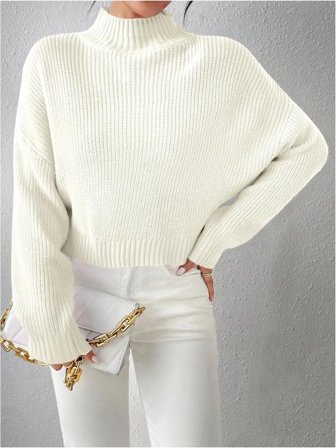 MakeMeChic Women's Long Sleeve Mock Neck Cropped Sweater Drop Shoulder Knitted Pullover Tops