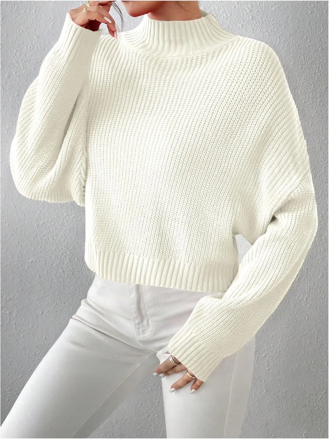 MakeMeChic Women's Long Sleeve Mock Neck Cropped Sweater Drop Shoulder Knitted Pullover Tops