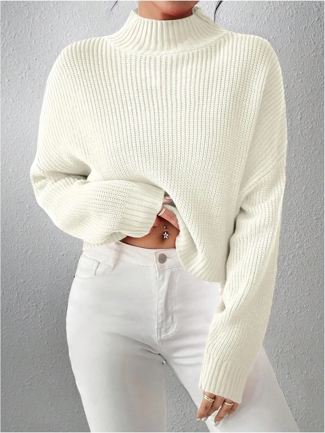 MakeMeChic Women's Long Sleeve Mock Neck Cropped Sweater Drop Shoulder Knitted Pullover Tops
