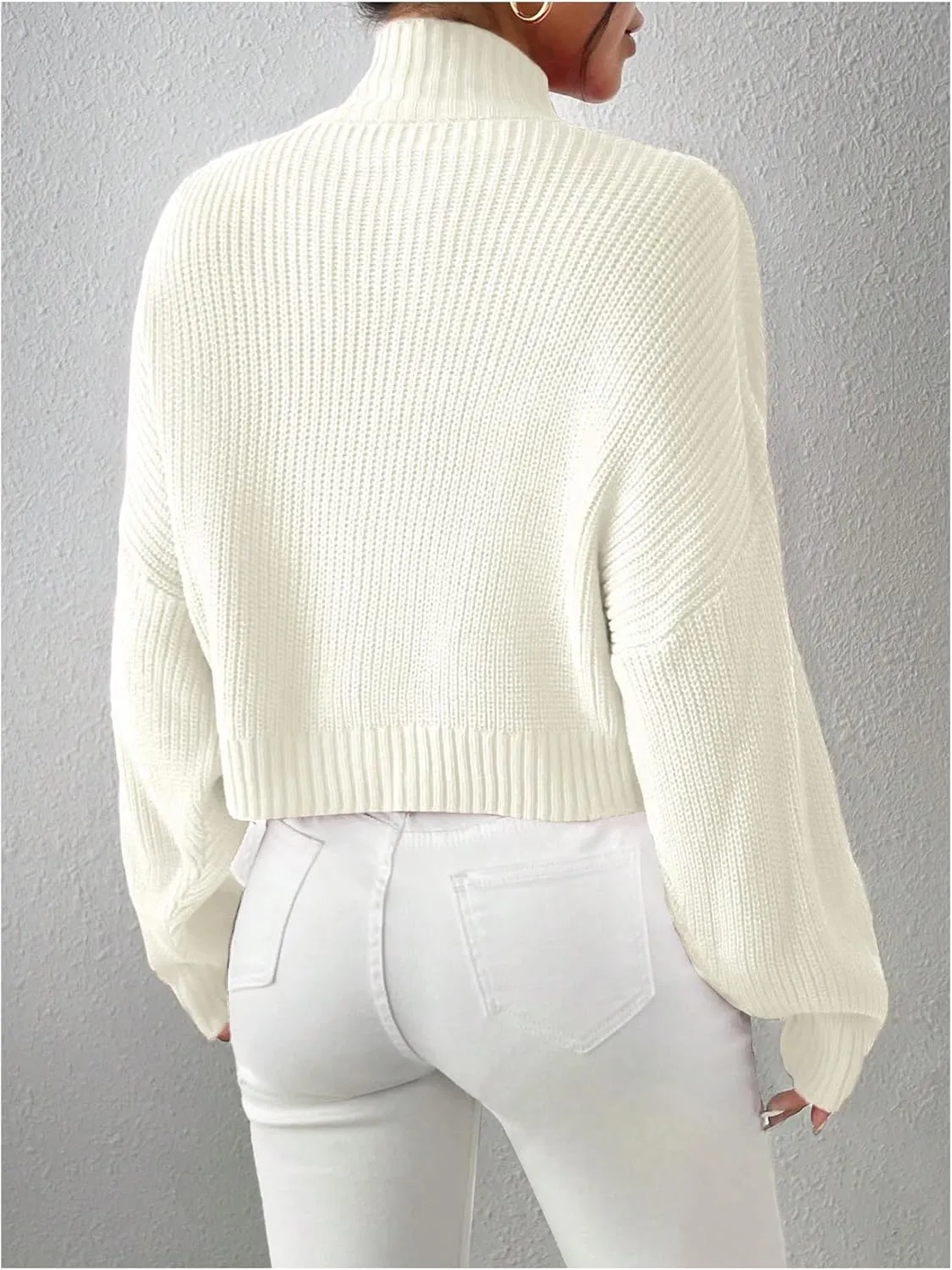 MakeMeChic Women's Long Sleeve Mock Neck Cropped Sweater Drop Shoulder Knitted Pullover Tops
