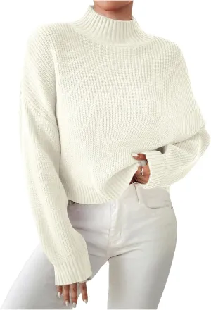 MakeMeChic Women's Long Sleeve Mock Neck Cropped Sweater Drop Shoulder Knitted Pullover Tops