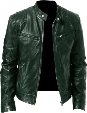 Men's Casual Leather Jacket Motorcycle Lightweight PU Outwear Stand Collar Bomber Leather Jacket