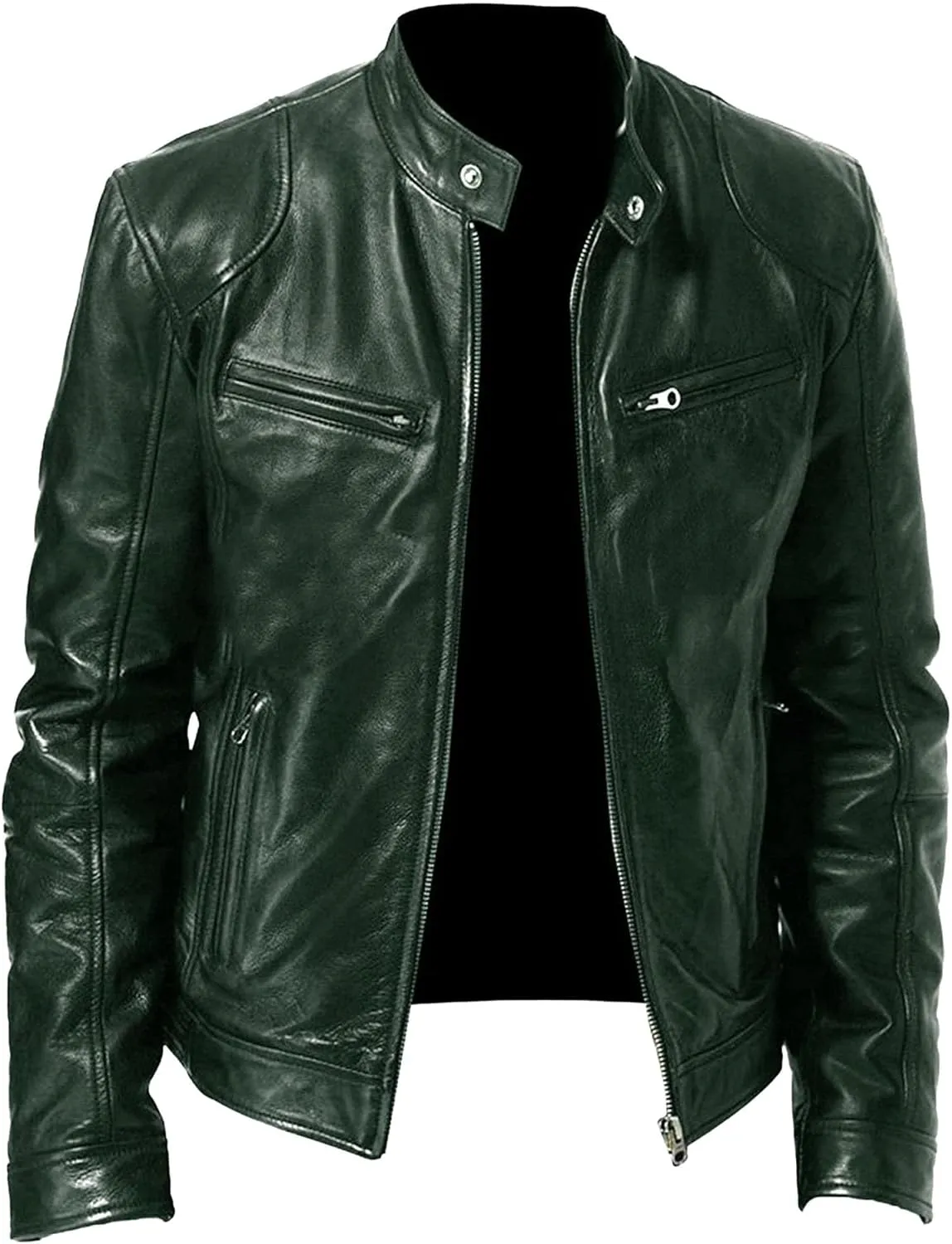 Men's Casual Leather Jacket Motorcycle Lightweight PU Outwear Stand Collar Bomber Leather Jacket