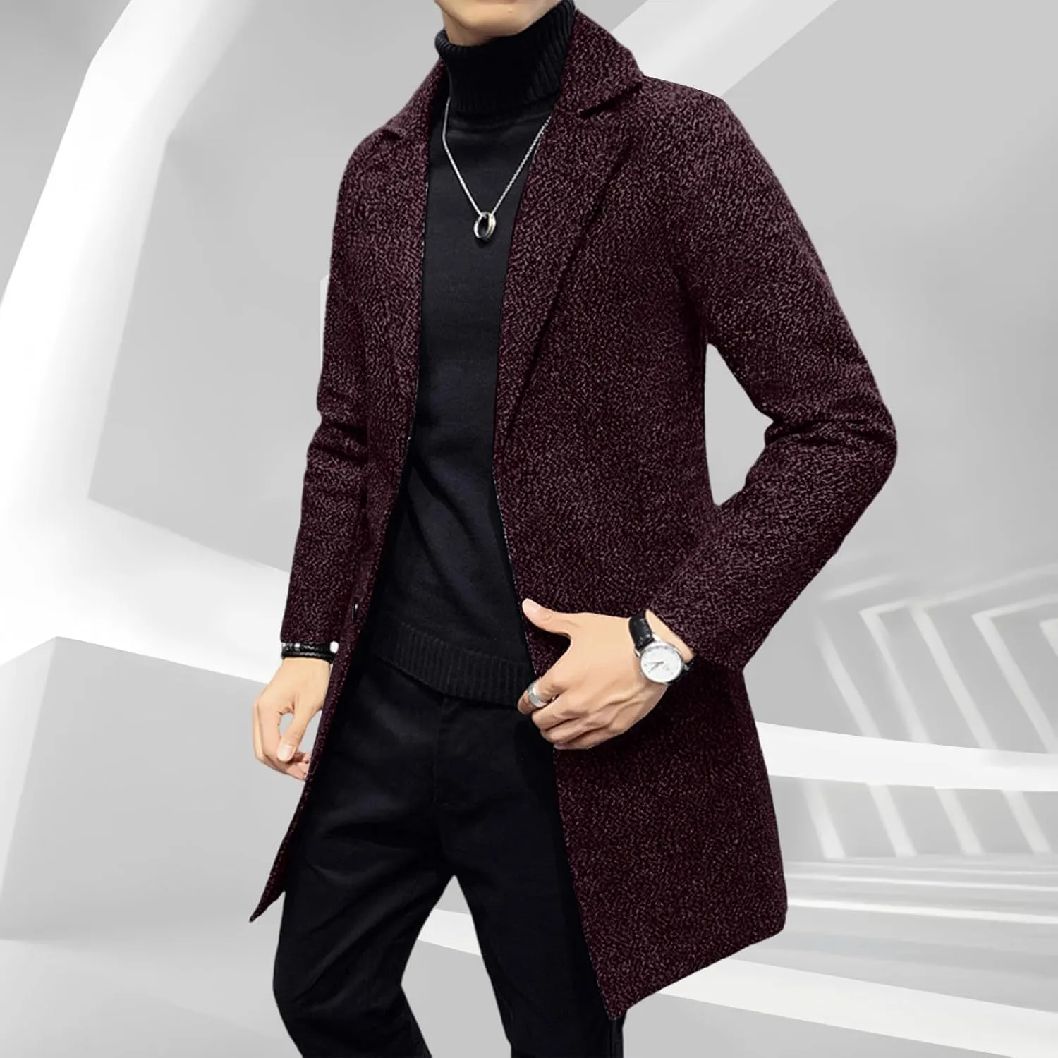 Mens Wool Blend Trench Coat Classic Notched Lapel Winter Warm Business Overcoat Single Breasted Medium Pea Coats