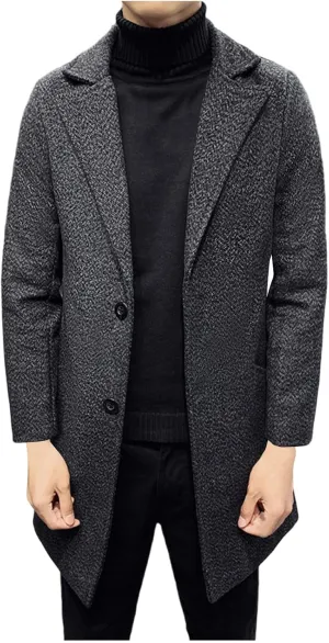 Mens Wool Blend Trench Coat Classic Notched Lapel Winter Warm Business Overcoat Single Breasted Medium Pea Coats