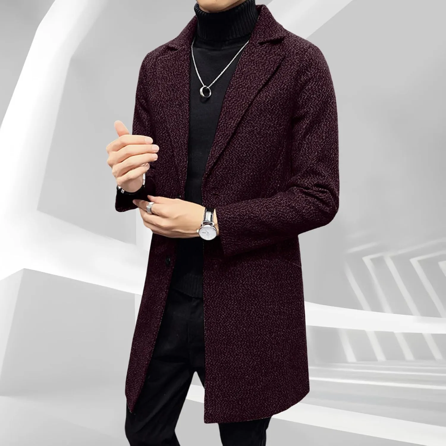 Mens Wool Blend Trench Coat Classic Notched Lapel Winter Warm Business Overcoat Single Breasted Medium Pea Coats