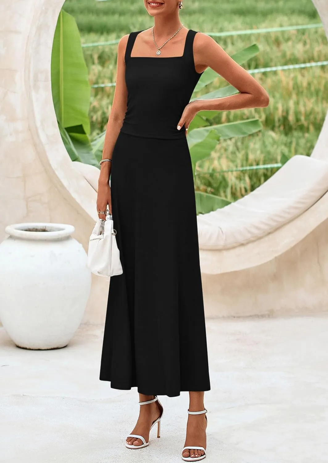 PRETTYGARDEN Skirt Sets Women 2 Piece Outfits 2025 Summer Casual Knit Tank Tops Flowy Midi Skirts Matching Vacation Clothes