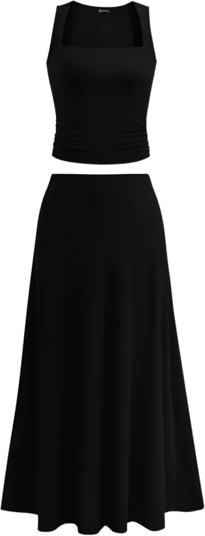 PRETTYGARDEN Skirt Sets Women 2 Piece Outfits 2025 Summer Casual Knit Tank Tops Flowy Midi Skirts Matching Vacation Clothes