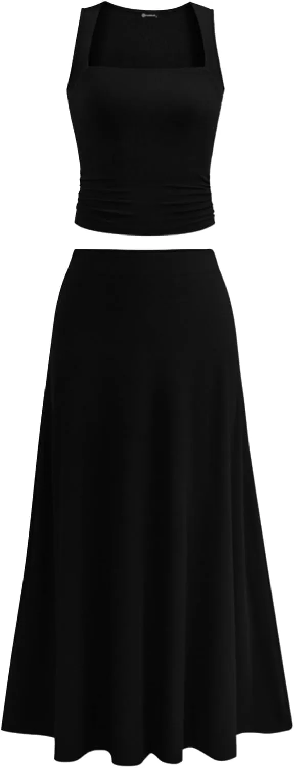 PRETTYGARDEN Skirt Sets Women 2 Piece Outfits 2025 Summer Casual Knit Tank Tops Flowy Midi Skirts Matching Vacation Clothes